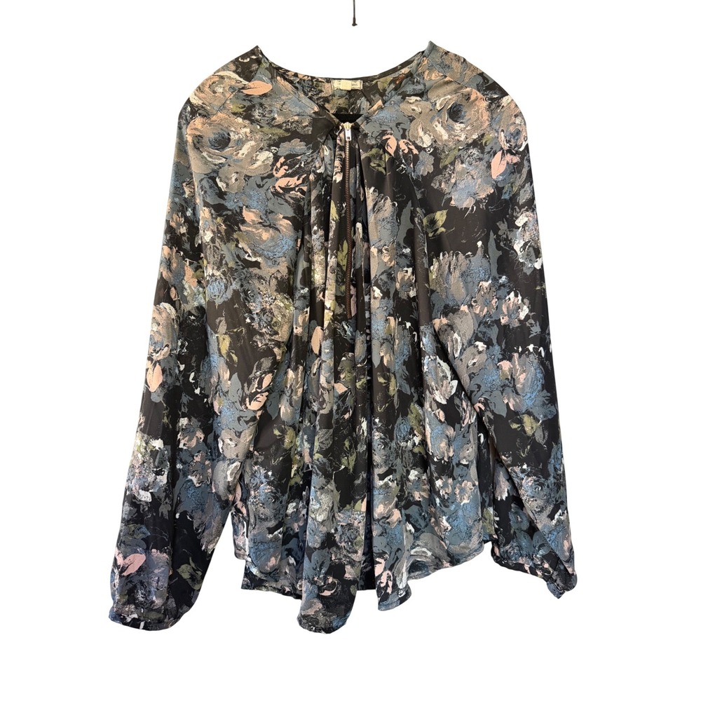 Eyeshadow Abstract Floral Half Zip Blouse Plus Size 1X Long‎ Sleeve Pleated Top